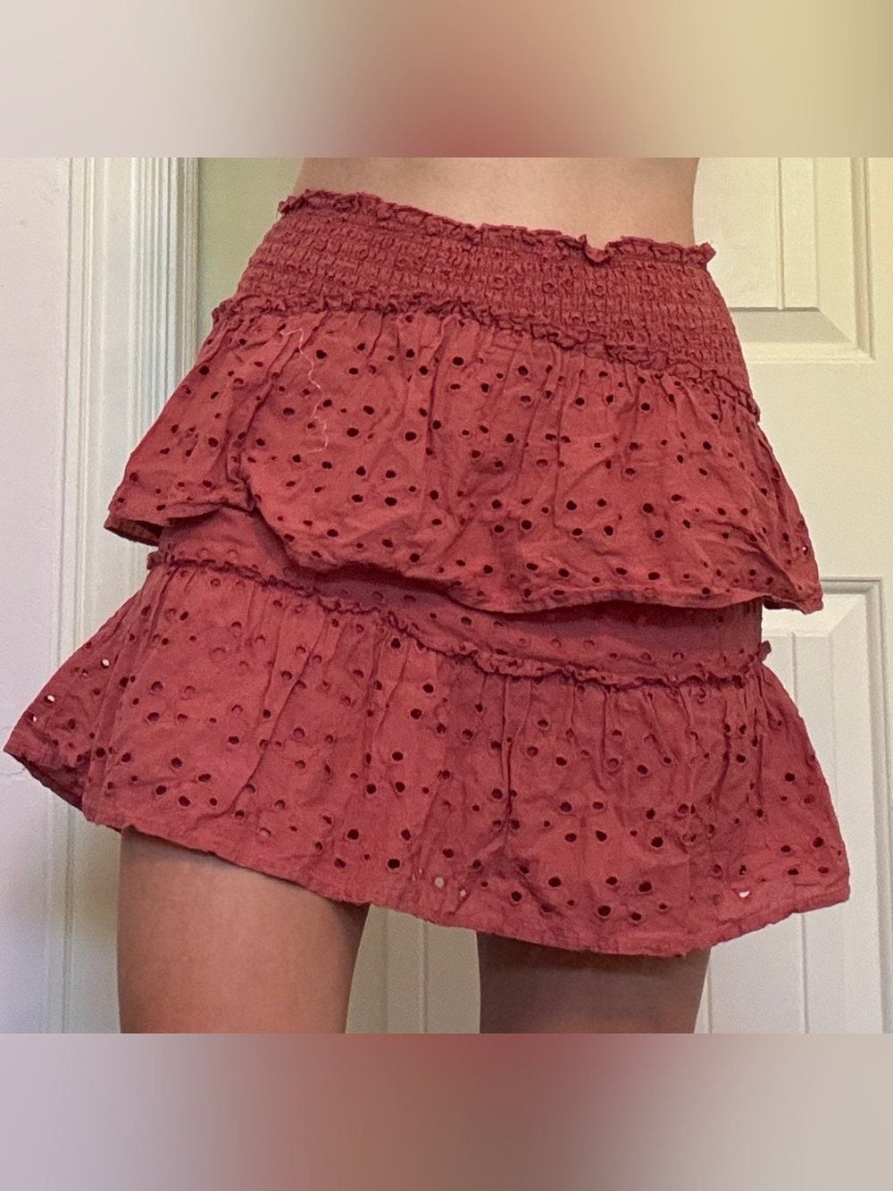 Cotton On Rust Eyelet Tiered Mini Skirt Boho Cottagecore S